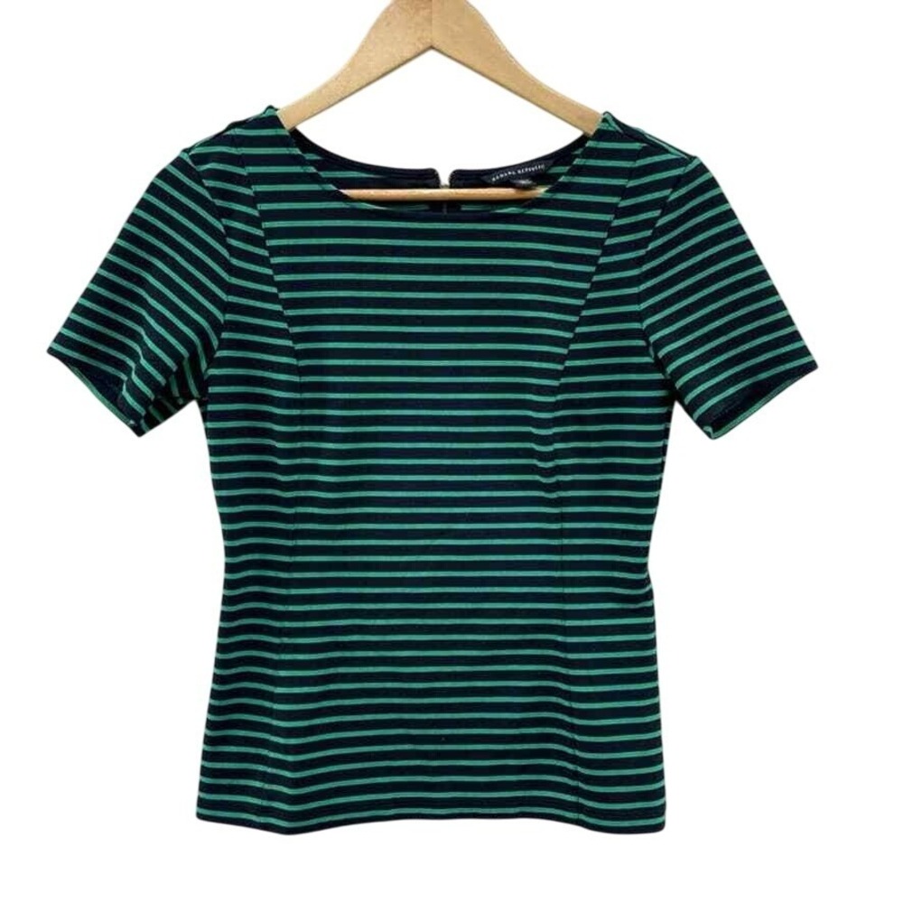 Banana Republic Career Blouse Womens 2 Stretch Green Blue Stripe Zip Back